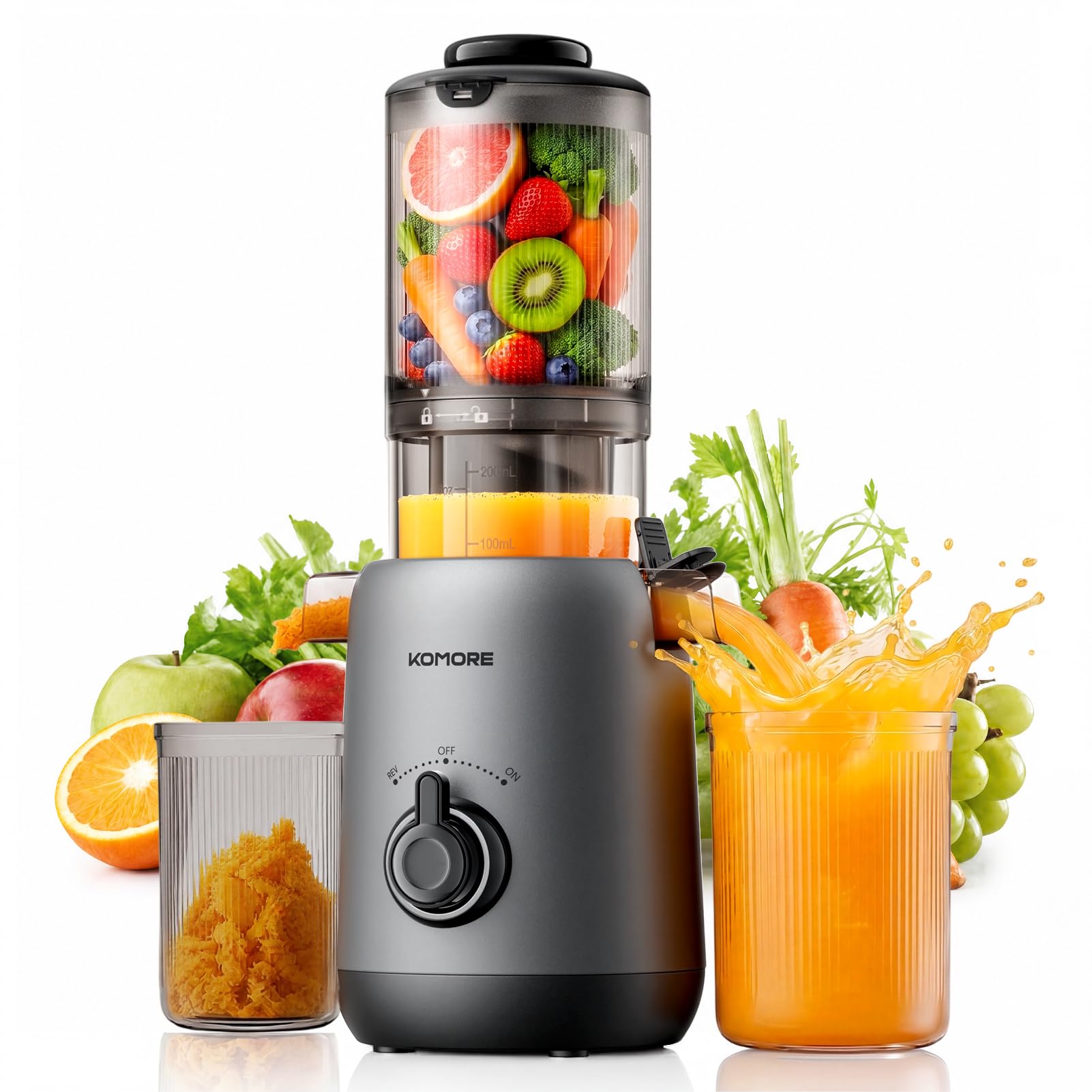 KOMORE Cold Press Juicer Machines, 110MM Chute, Whole Fruit Juicer, Gray