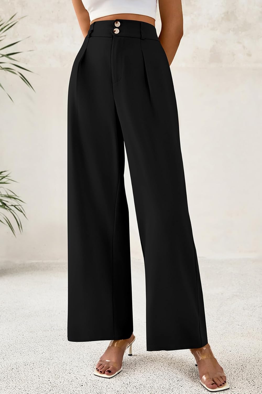 CFLONGE Women Wide Leg Dress Pants High Waist Work Trousers Button Pleated Slacks Palazzo Pants Business Casual Outfits - Image 2