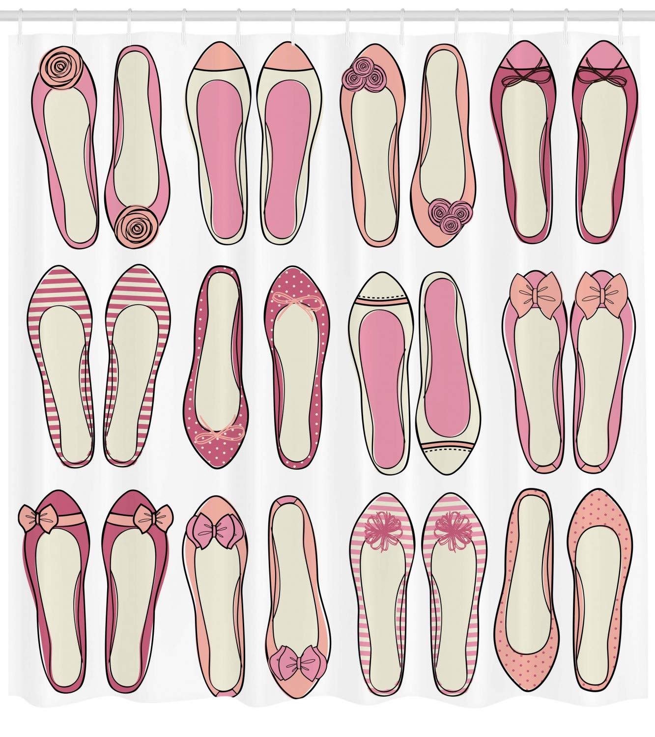 Ambesonne Retro Shower Curtain, Ballerina Shoes with Ribbon Roses Stripes and Polkadots Feminine Design, Cloth Fabric Bathroom Decor Set with Hooks, 69