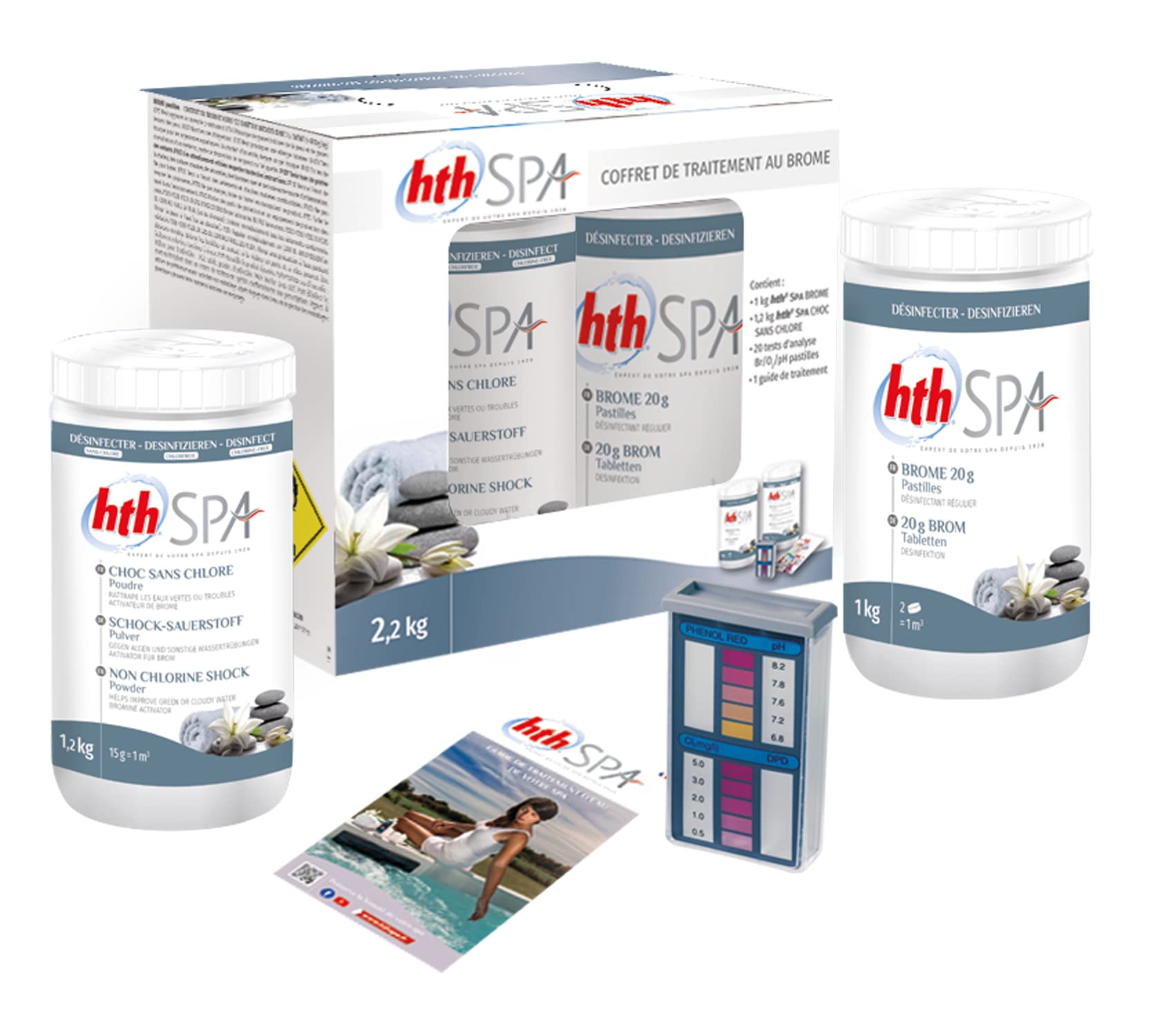 HTH Spa Petit Coffret DE Traitement AU Brome - 2,2kg | Kit Traitement et Entretien Essentiel - Désinfection Régulière et Choc sans Chlore + 10 Tests HPS OFFERTS 6 en 1