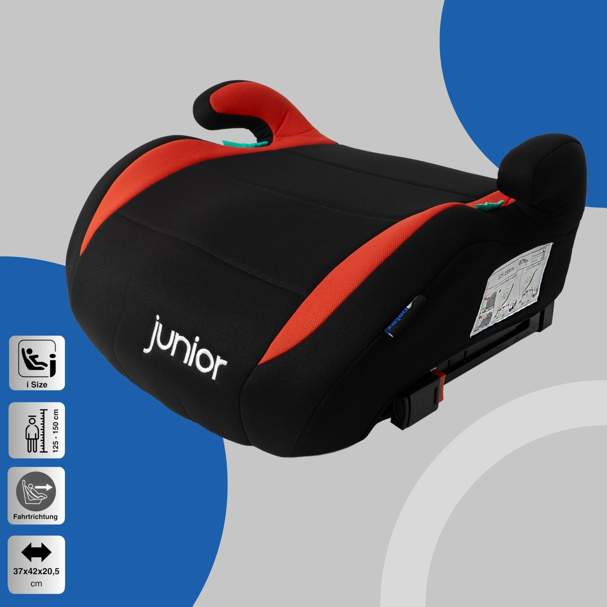 PETEX Podwyższenie fotelika samochodowego z Isofix - Max Plus, i-Size ECE R129, ok. 7 do 12 lat, dla wzrostu od 125 do 150 cm, podwyższenie siedzenia, czerwone