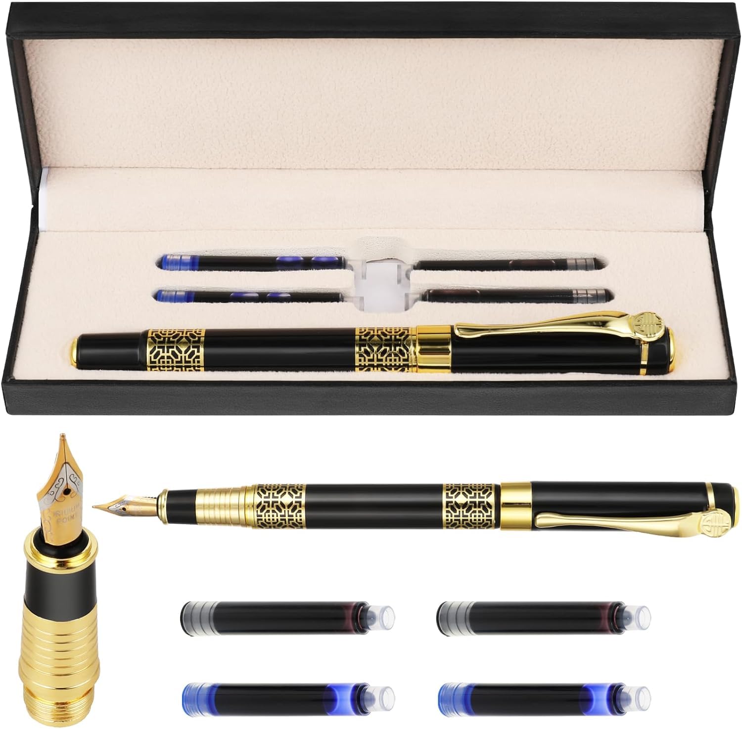 Luxury Fountain Pen Set, Metal Fountain Pen Medium Point with 2 Black Ink and Blue Ink Sac Business Writing Pen Calligraphy Pen for Journaling Signature School Office Gift Supplies