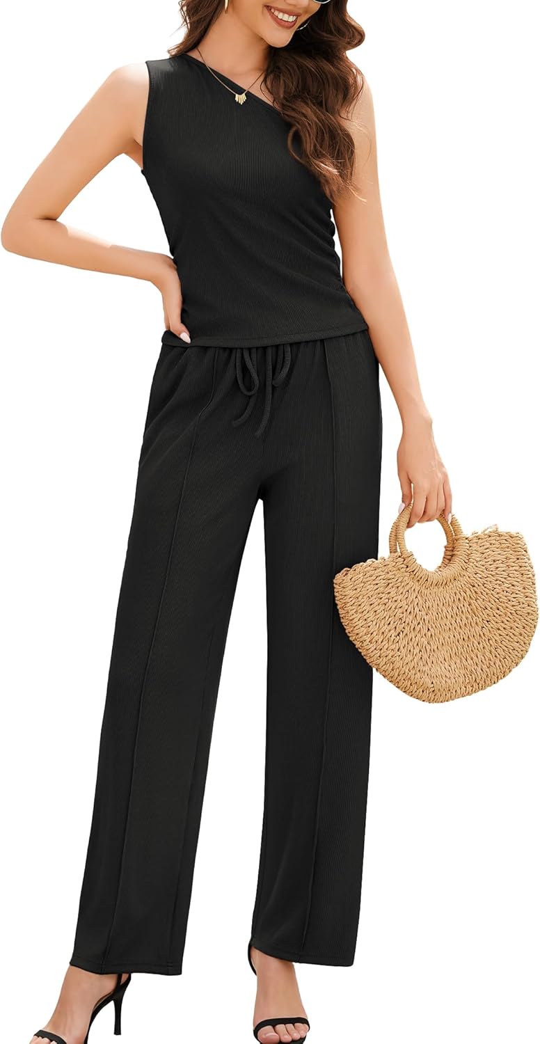 Casly Lamiit Womens Two Piece Outfits 2026 Summer Ribbed Knit Button Beach Vacation Casual Wide Leg Pants Lounge Sets