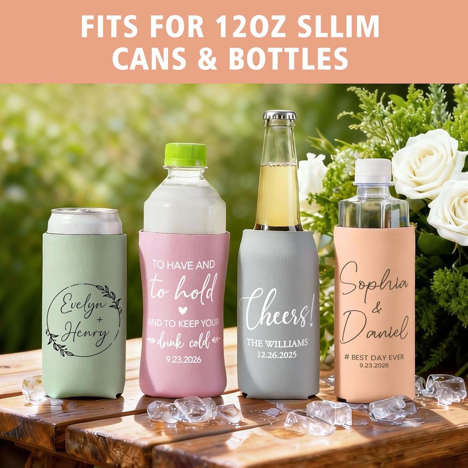 Personalized Can Sleeves for Wedding & Party Favors – Custom Can Coolers for Anniversary, Engagement, Bridal Showers – Bulk Gifts for Guests, Fits 12 oz Cans & Bottles