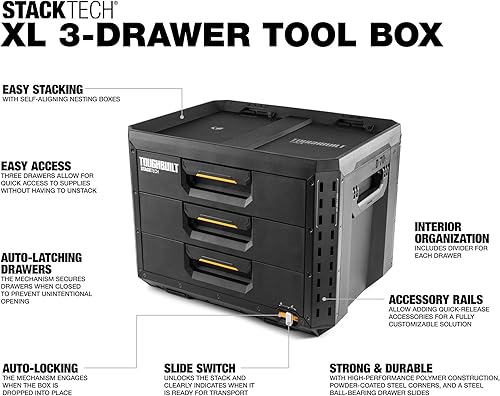 Miniatura 2 de ToughBuilt StackTech - Caja de herramientas de 3 cajones, caja de herramientas portátil resistente, capacidad de 50 libras, organizador de