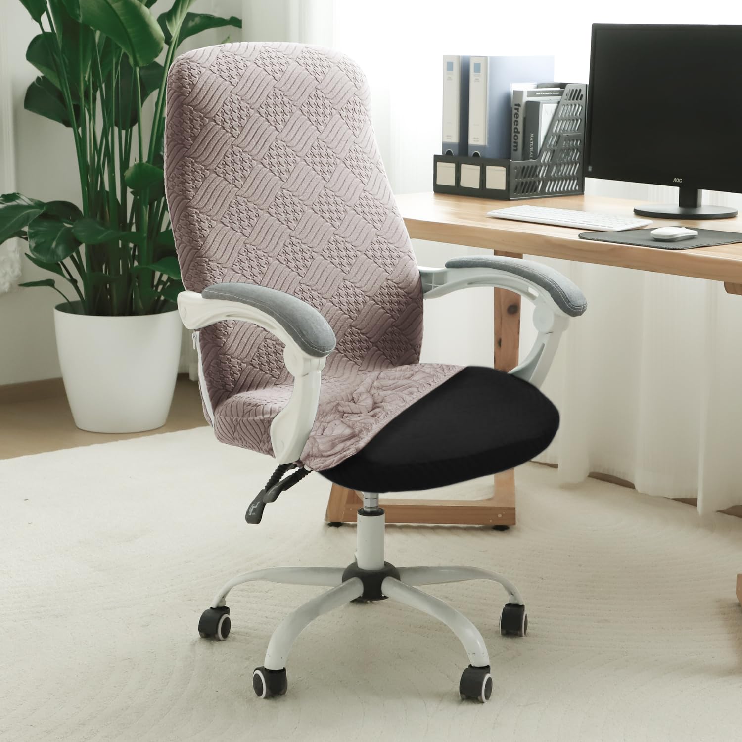 HOKIPO Office Chair Cover for Desk Chair (Mid-Back) – 170 GSM Stretch Jacquard – Washable, Durable & Anti-Slip – Fits Mid-Back Office Chairs, Taupe Brown (AR-5363-KHK-M)