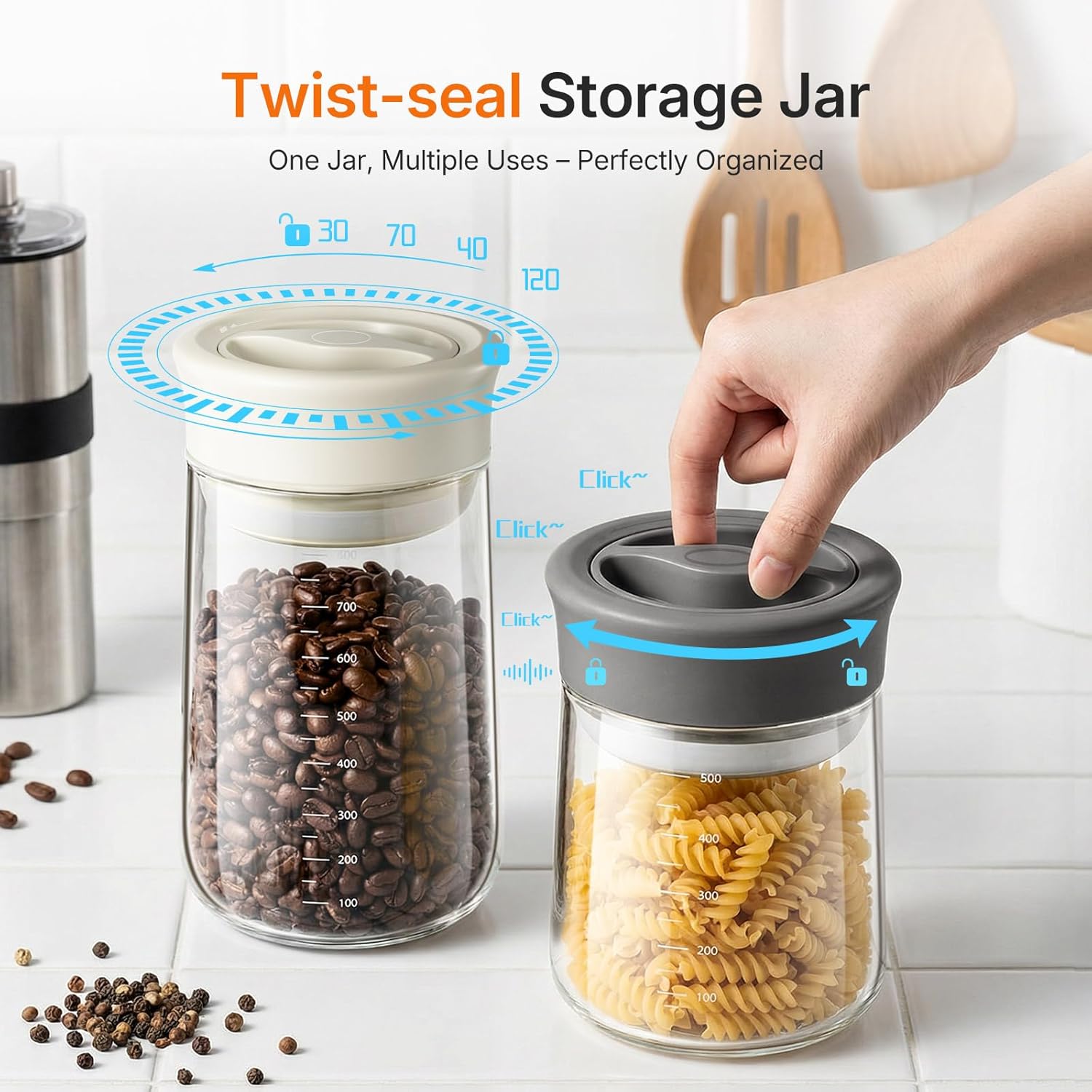 Upgraded Rotary Airtight Glass Jar with Lid, Borosilicate Coffee Storage Container, 800ml/27oz Stackable Pantry Organizer for Coffee Beans Grounds, Pasta, Flour, Nuts, Sugar, Candy, Snack