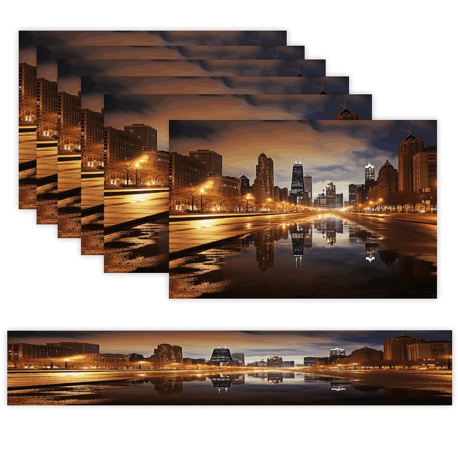 Chicago Table Runner and Placemats of 6 Washable Heat Resistant Place Mats with Table Runner Vintage Holiday Table Mat Set for Holiday Party Kitchen Dining Deco