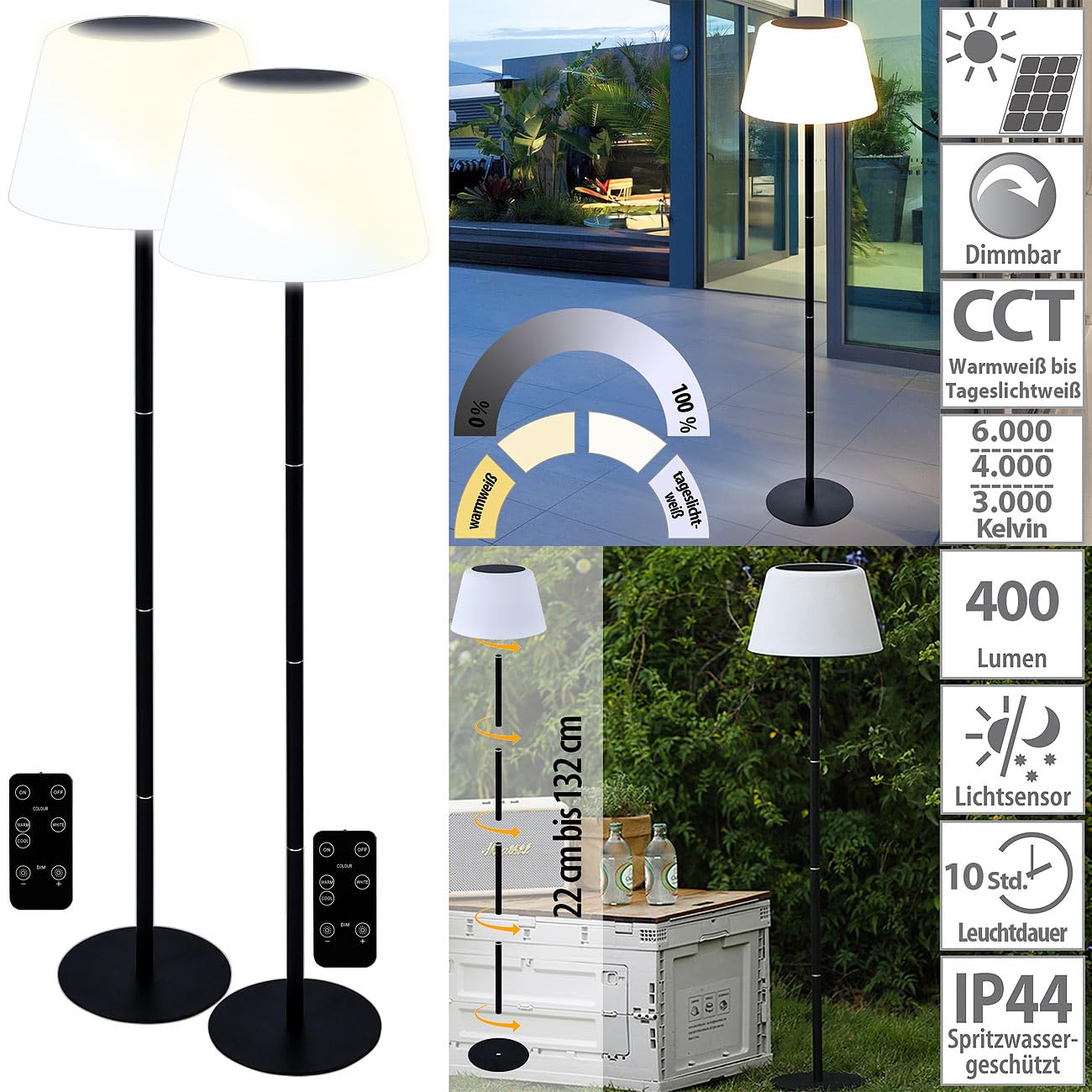 Lunartec LED Stehlampe: 2er-Set Solar-LED-Tisch- & Stehleuchte, Fernbedienung, CCT, 400 lm (Akku Stehlampen, Akku Wohnzimmerleuchte, Farbe)