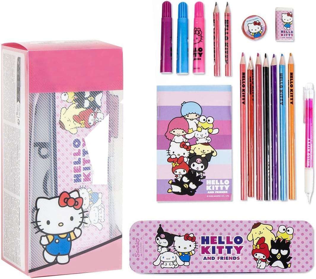 Ensemble de papeterie Hello Kitty à colorier avec marqueurs et accessoires | Kit créatif Hello Kitty pour enfants, peinture, décoration et organisation de fournitures scolaires