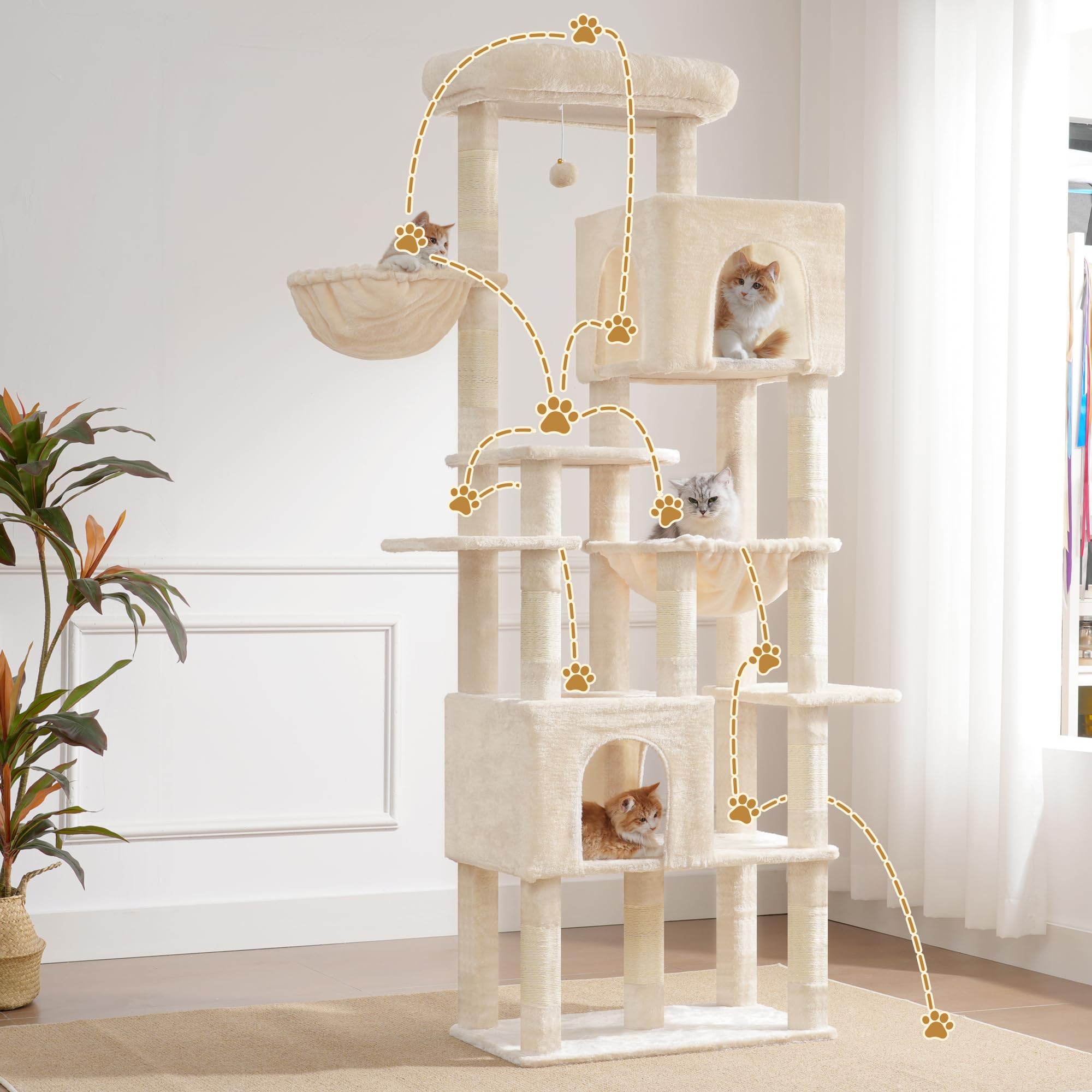 Heybly Arbre à Chat XXL 193cm, Base Extra Large, Tour Lourde avec 10 Poteaux en Sisal et 2 Hamacs pour Chats, 2 Niches Design, Mobilier et Couchage pour Chats Géants, Beige HCT039M