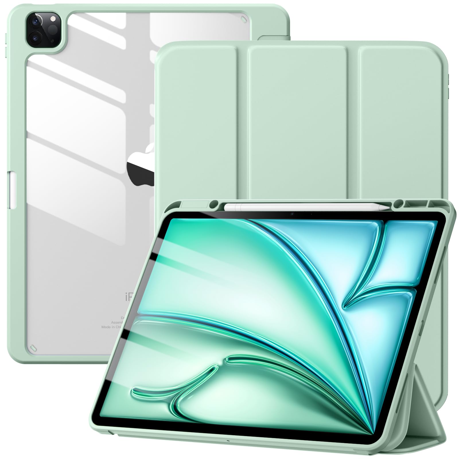 Mastten for iPad Air 13 inch Case (M3 2025 / M2 2024) / iPad Pro 12.9 inch Case (6th/5th/4th/3rd Generation 2022/2021/2020/2018), Built-in Pencil Holder & Auto Wake/Sleep, Clear Back Shell,Mint Green