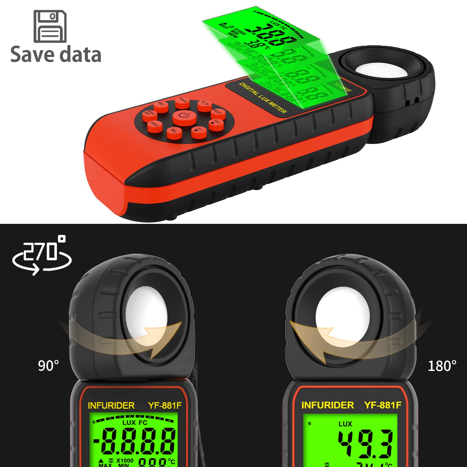 Luxmètre Numérique Luminomètre，INFURIDER YF-881F Luxmetre avec 0.01-400,000Lux，Photomètre avec Détecteur Rotatif à 270° pour Eclairage LED, Plantes, Photographie