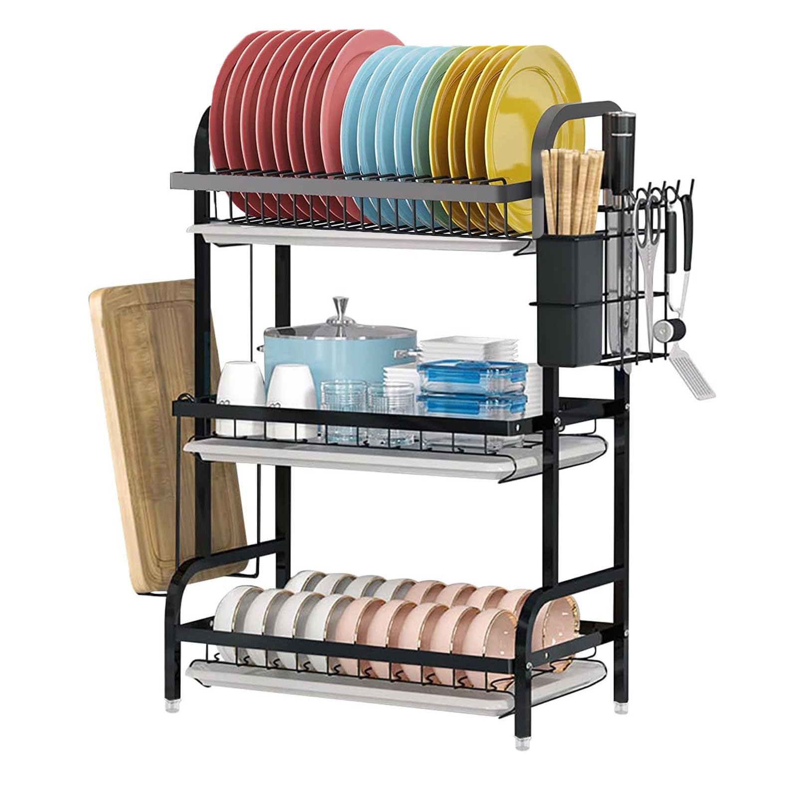 ROUNY 3 Tier Dish Drying Rack, Rustproof Dish Rack, Large Capacity Carbon Steel Dish Drainer with Drainboard, Utensil Holder and Cutting Board Holder, for Kitchen Countertop Saving Space, Black