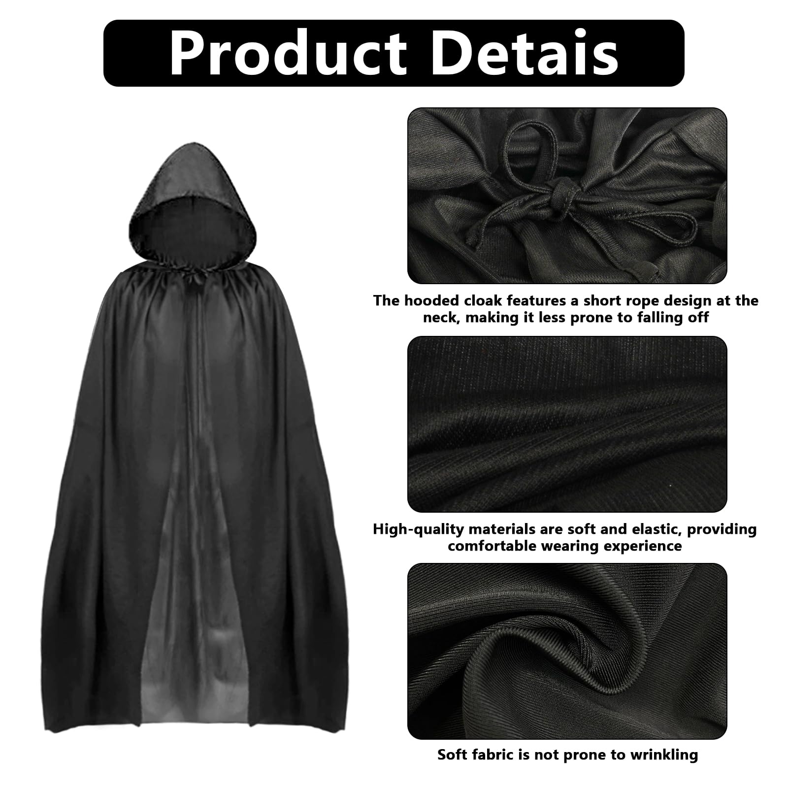 Black Cloak With Hood, Halloween Hooded Cape, Black Cape, Long Robe Hooded Cloaks - Image 3