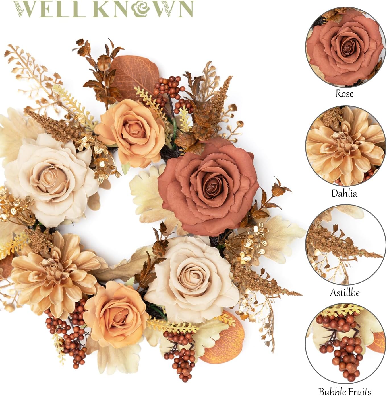 WELL KNOWN Artificial Flower Candle Rings Wreath, 12" Small Fall Wreath for Candles & Candleholders, Autumn Centerpieces for Fall Winter Home Table Wedding Party Decor (Earth & Coffee)