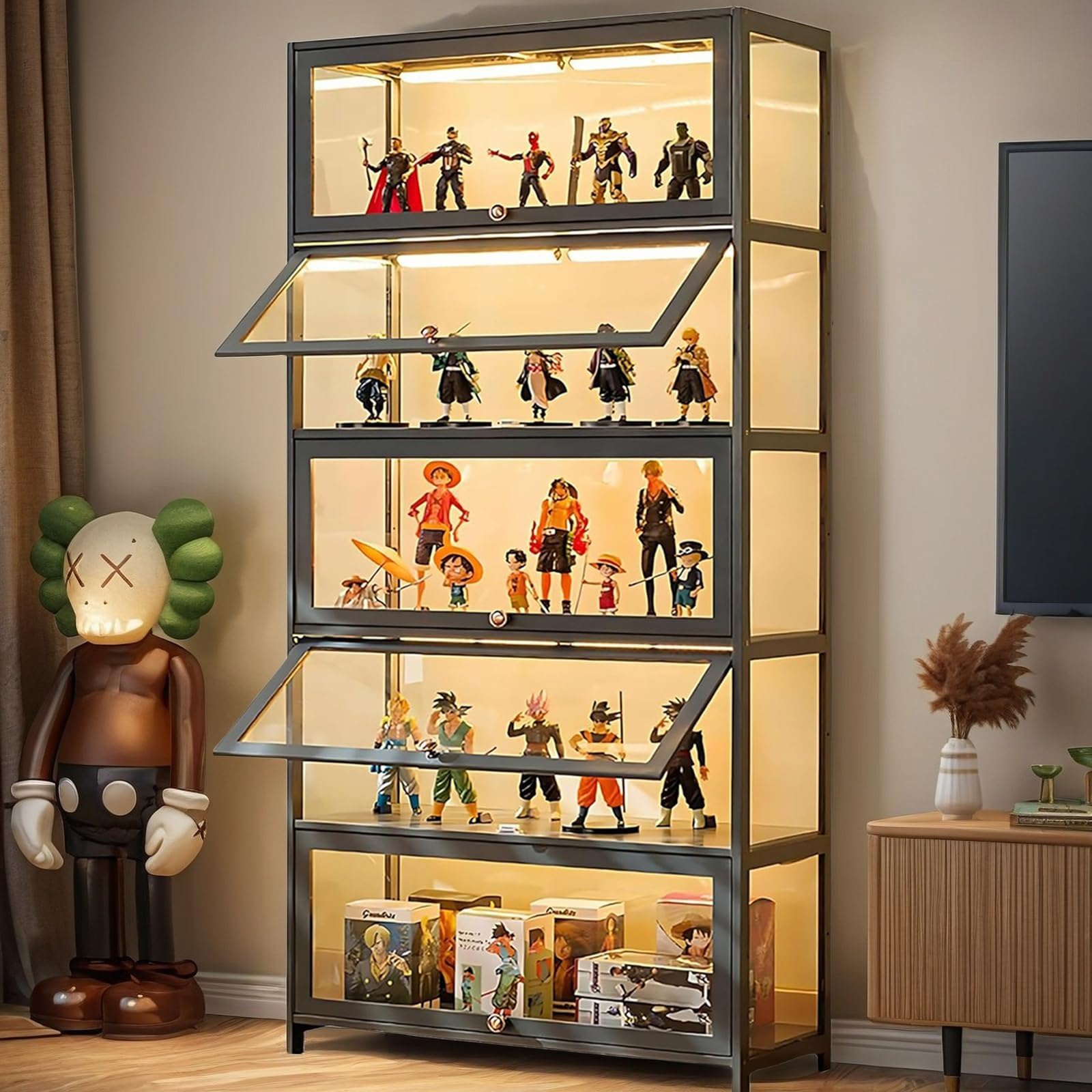 Curio Display Cabinet, Display Cabinet with Acrylic Glass Doors, 5-Tier Transparent Bamboo Display Case, Collectibles Toy Organizers Rack, Bookcase for Living Room, Office, Playroom (Gray Flip)