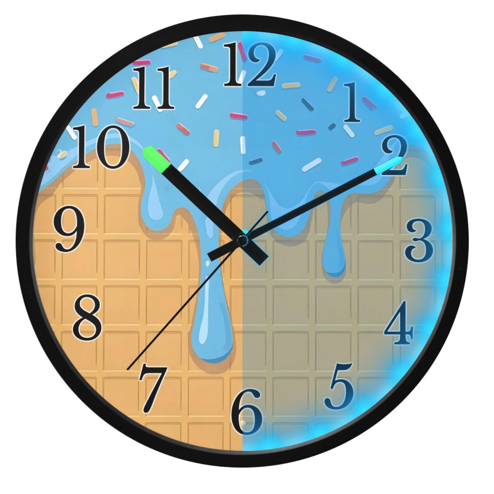 Mnsruu Reloj de pared luminoso, reloj de pared azul con goteo de helado, reloj de pared que brilla en la oscuridad, funciona con pilas, reloj silencioso de 30,5 cm con luz nocturna para dormitorio