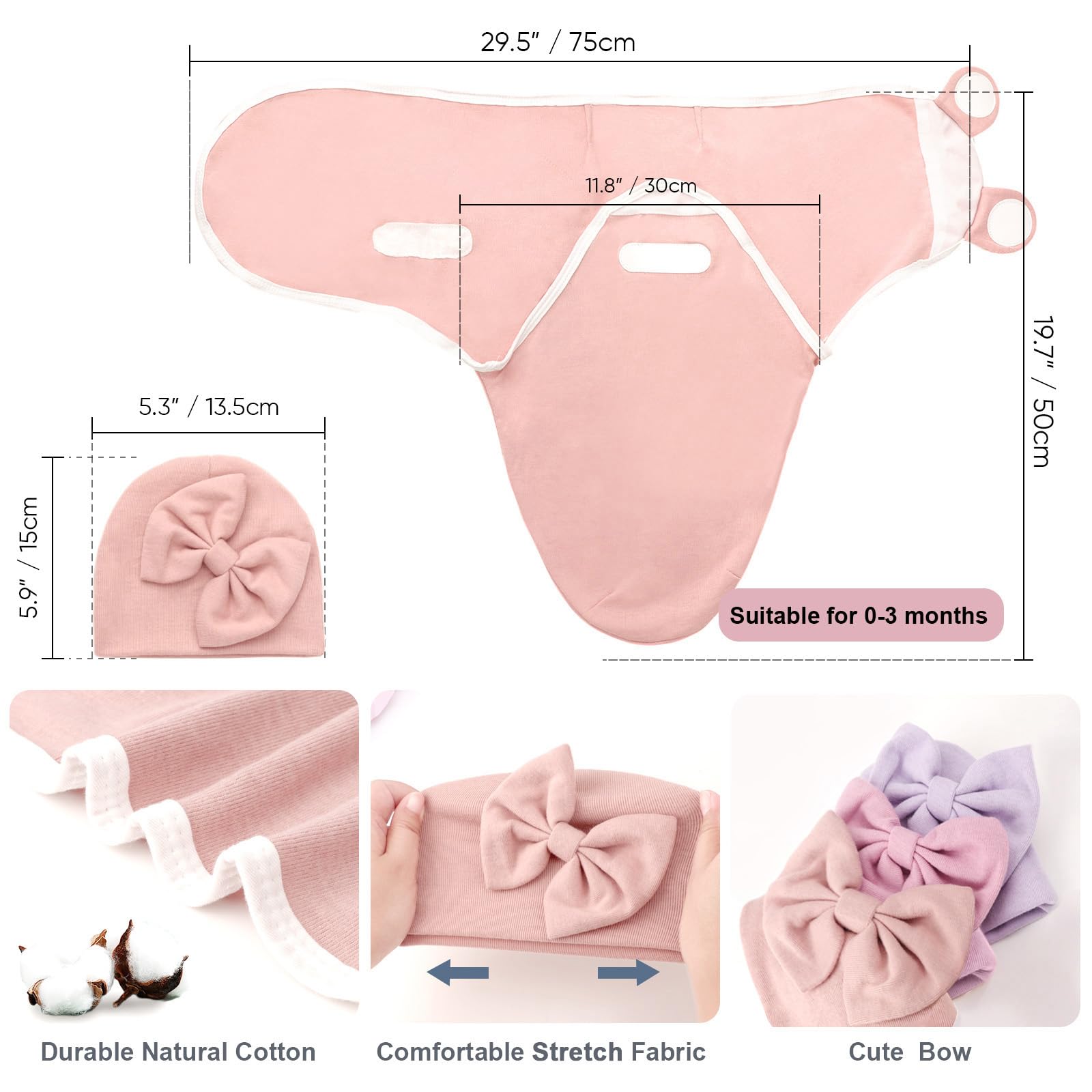DRESHOW Ensemble de Couvertures Emmaillotables pour Nouveau-né Bonnet Emmaillotage Imprimé Sac de Couchage Ajustable pour 0-3 Mois Filles et Garçons