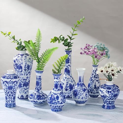 Juego de 8 jarrones chinoiserie de porcelana azul y blanca, pequeños jarrones de cerámica vintage, florero decorativo floral azul para decoración de