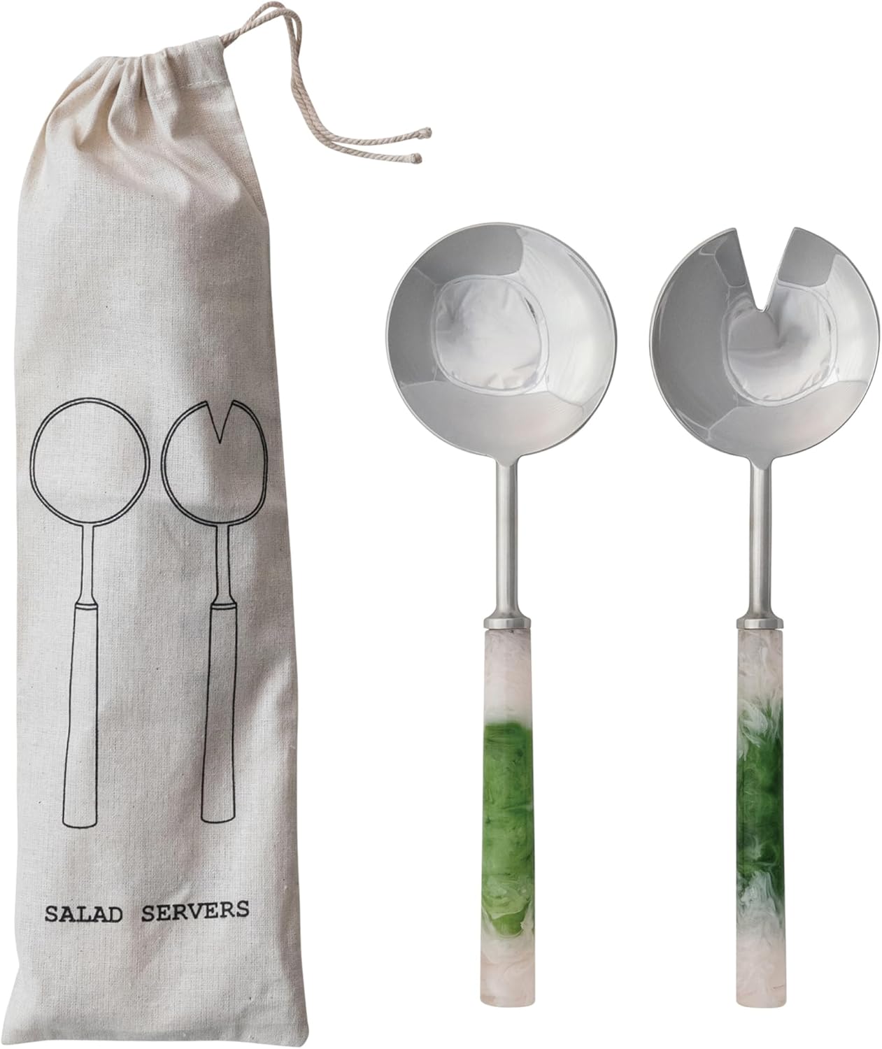 Creative Co-Op 2-Piece Stainless Steel Salad Servers, Green and White