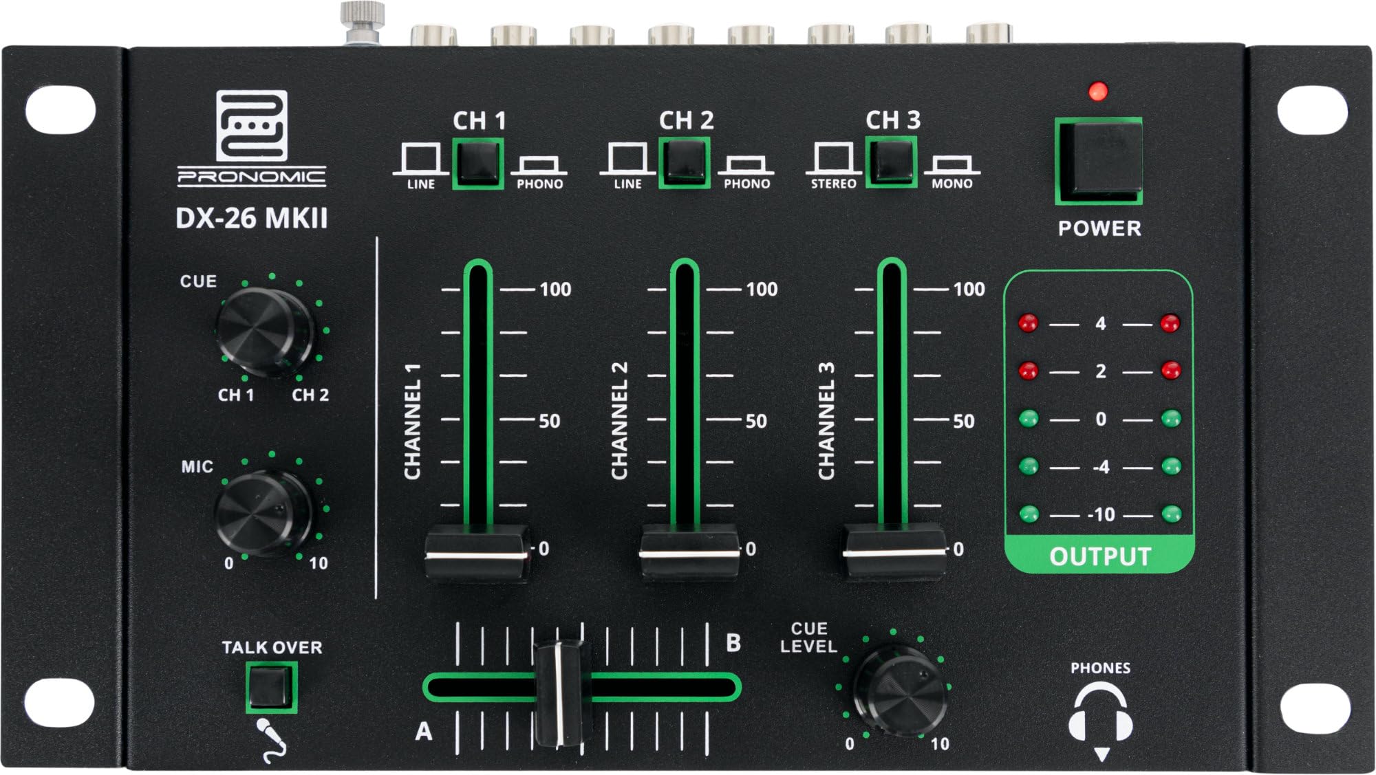 Pronomic DX-26 MKII DJ-Mixer - Mixeur 3 canaux avec fonction Cue - 2x canal Line/Phono - Entrées micro et casque
