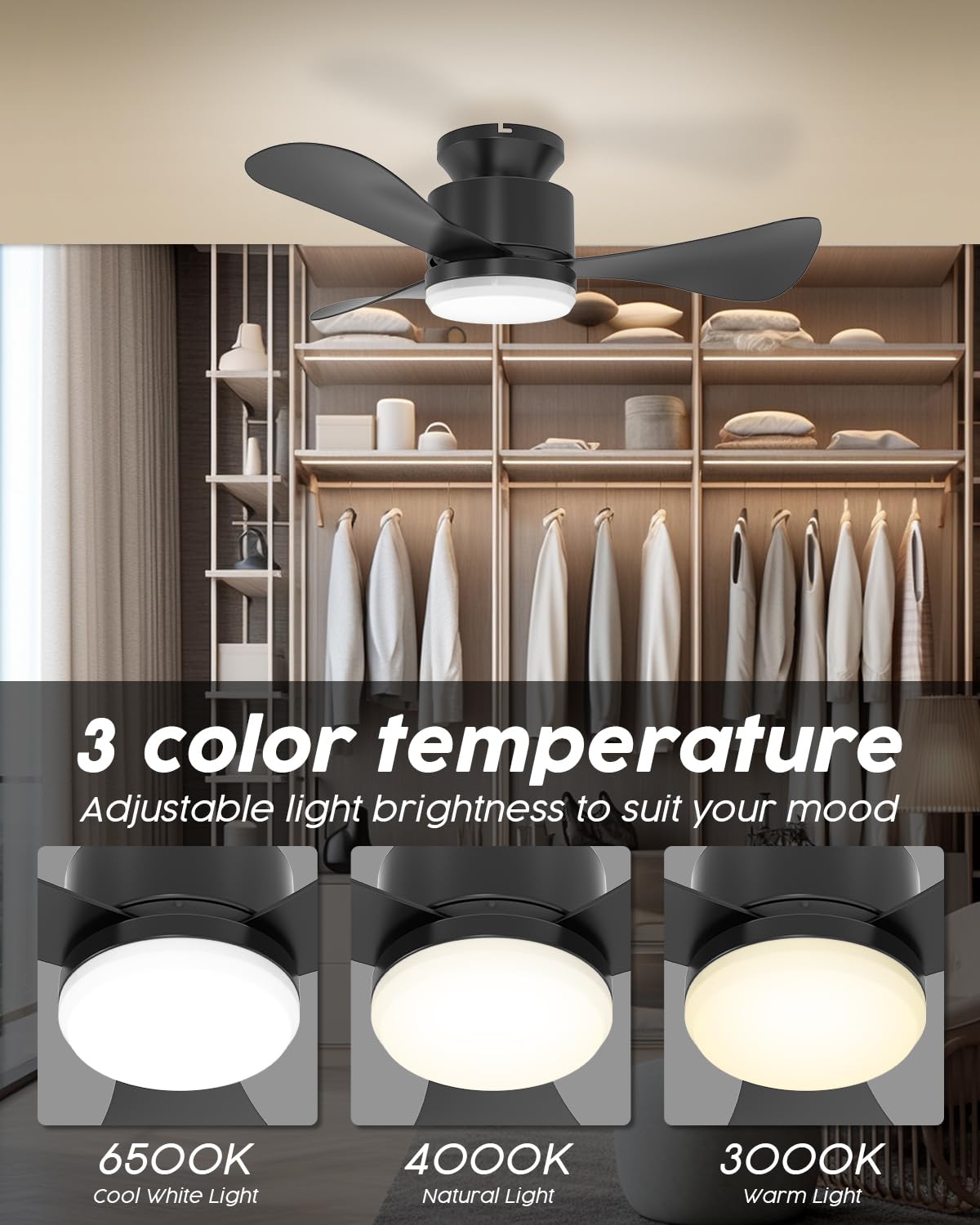 Airwit 71cm Ventilatore da Soffitto con Luce Silenzioso, Piccolo Lampadario Ventilatore Soffitto con Telecomando e Reversible DC Motore, Lampada Ventilatore LED per Camera da Letto, Soggiorno, Cucina