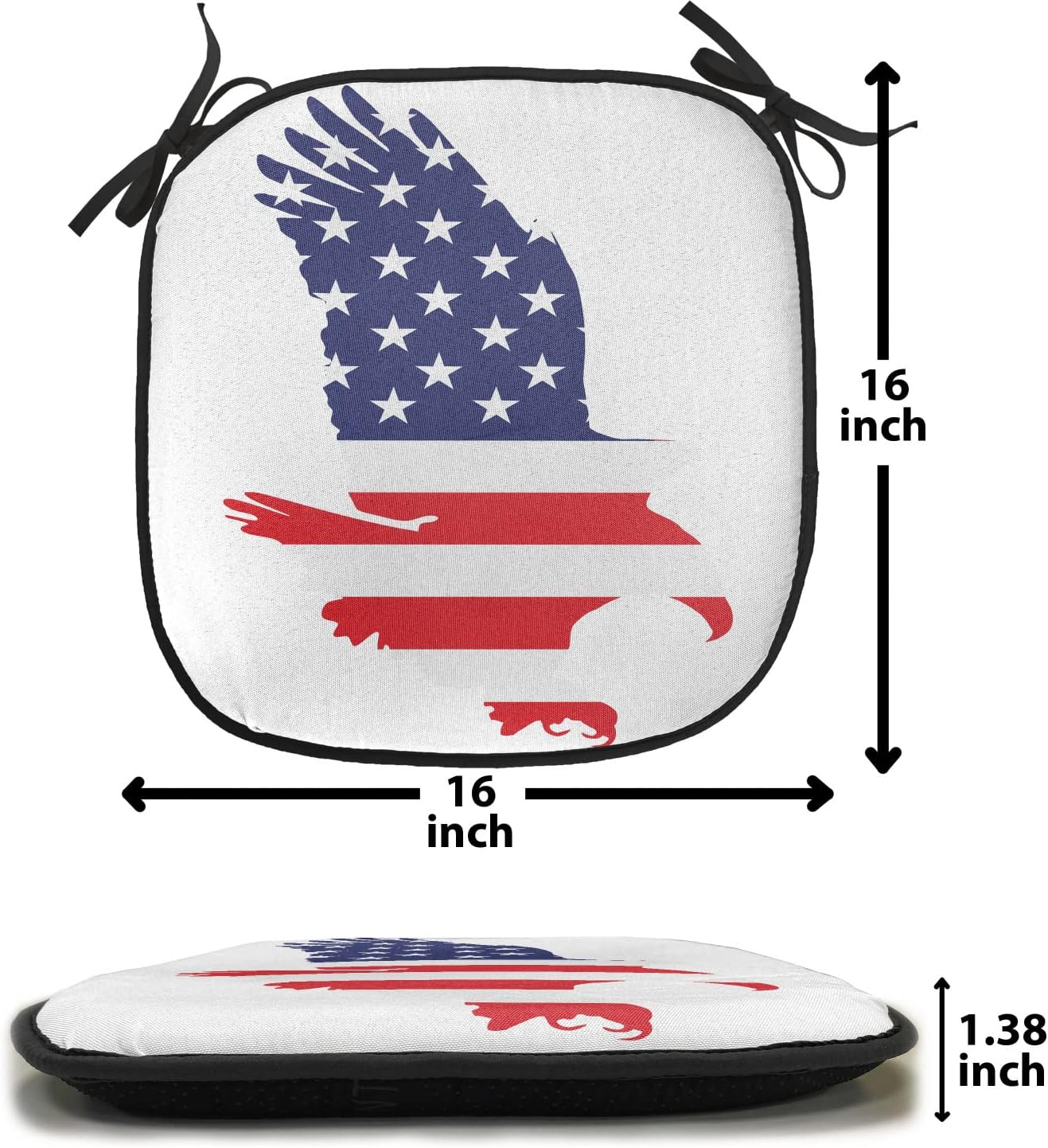 Lunarable American Flag Chair Cushion Pads Set of 4, Bald Eagle Solidarity Royalty of Us Independence Memorial Symbolic Animal Image, Anti-Slip Seat Padding for Kitchen & Patio, 16"x16", Red Blue