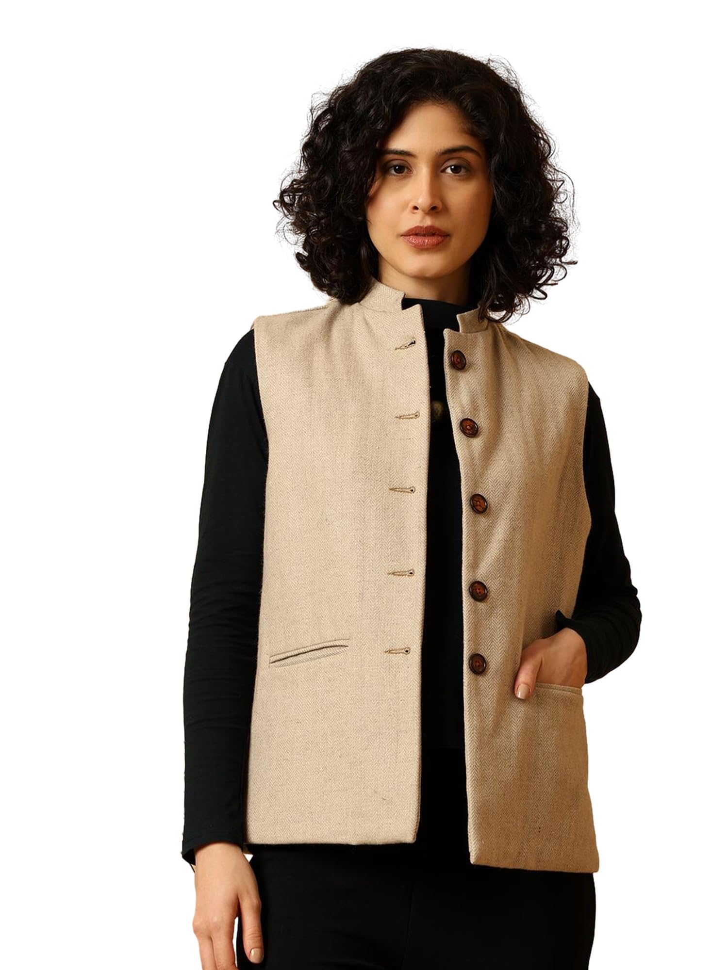 Just Beyond Women Nehru Jacket, Stylish Woollen Winter Wear, Sleeveless Waistcoat in Herringbone Pattern with Mandarin Collar & Button Down Front, Casual & Office Wear Ethnic Bandi