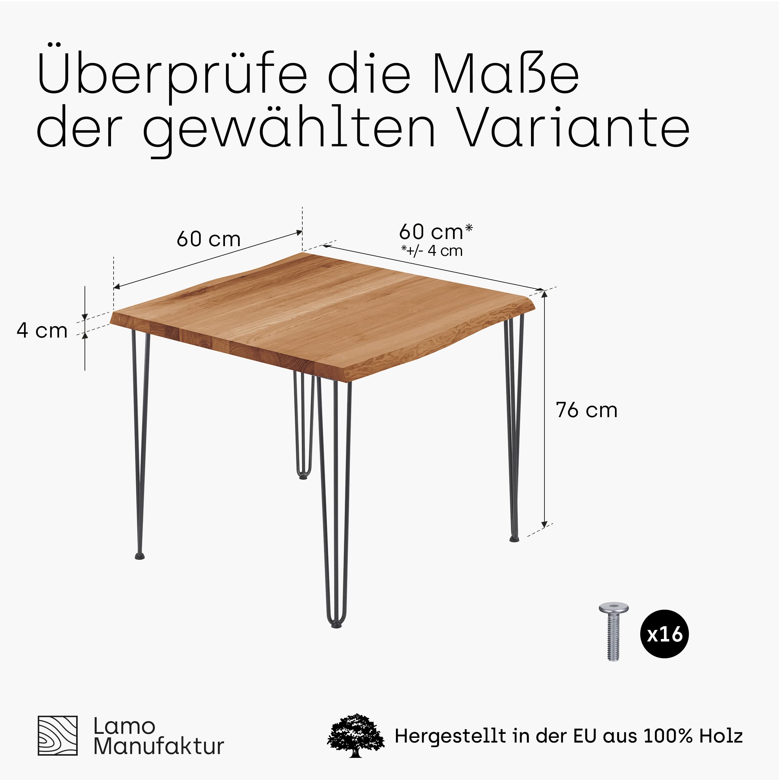 LAMO Manufaktur tavolino da caffe’ tavolo cucina tavolo da soggiorno 60x60x76 cm (Lun x Prof x Alt), Creativo, Frassino Scuro/Acciaio Grezzo Laccato, LBB-01-A-004-0000Cr