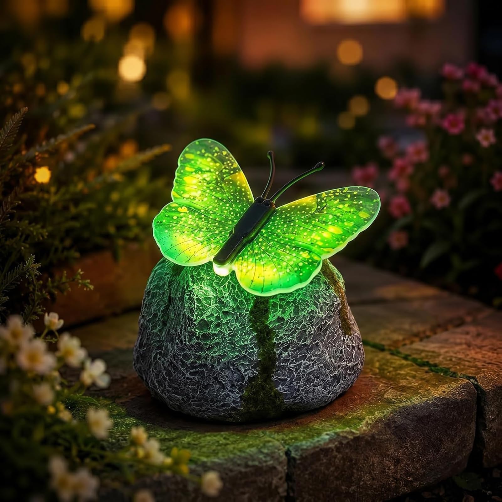 Illuminated Butterfly Stone Garden Light, Solar LED Butterfly Garden Statue with Light-Up Wings, Solar Butterfly Lights for Outside, Outdoor Waterproof Pathway Lights for Garden, Yard, Patio (Green)