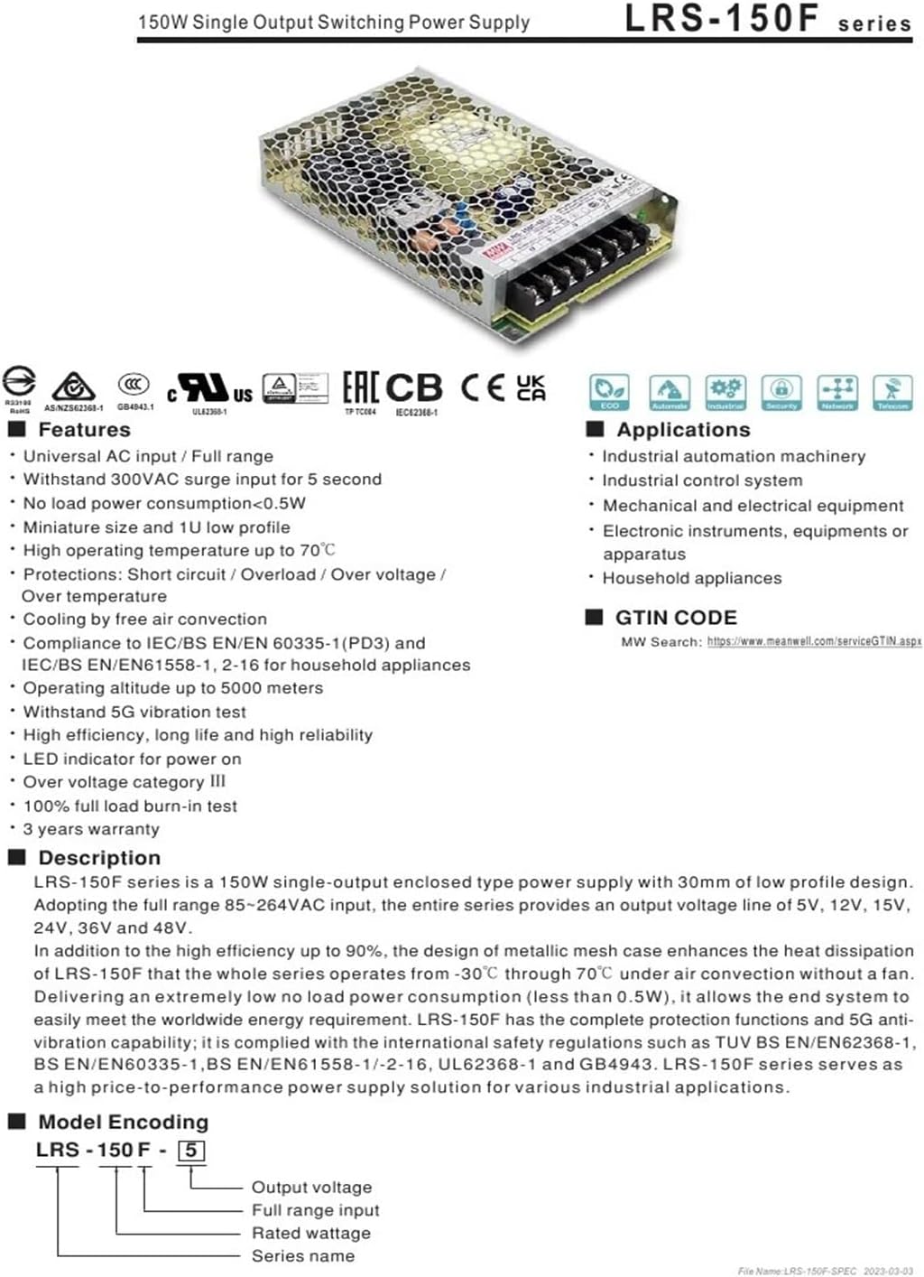 LRS-150F-15 Switching Power Supply 150W Single Output Power Supply