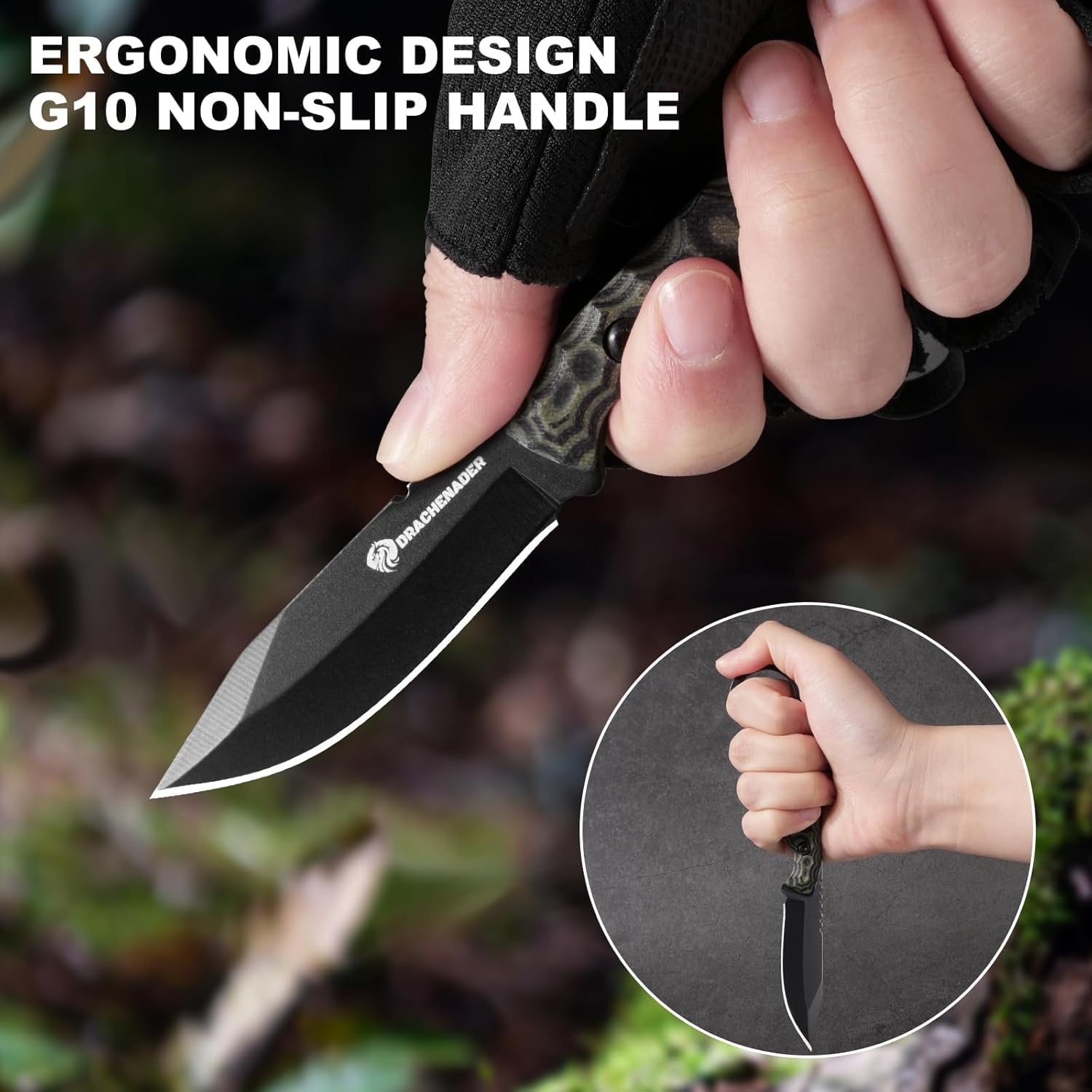 DRACHENADER 7.16" EDC Fixed Blade Knife with G10 Handle, Compact Neck Knife with 5Cr13MoV Steel Blade, Durable Kydex Sheath, and Horizontal Carry Option