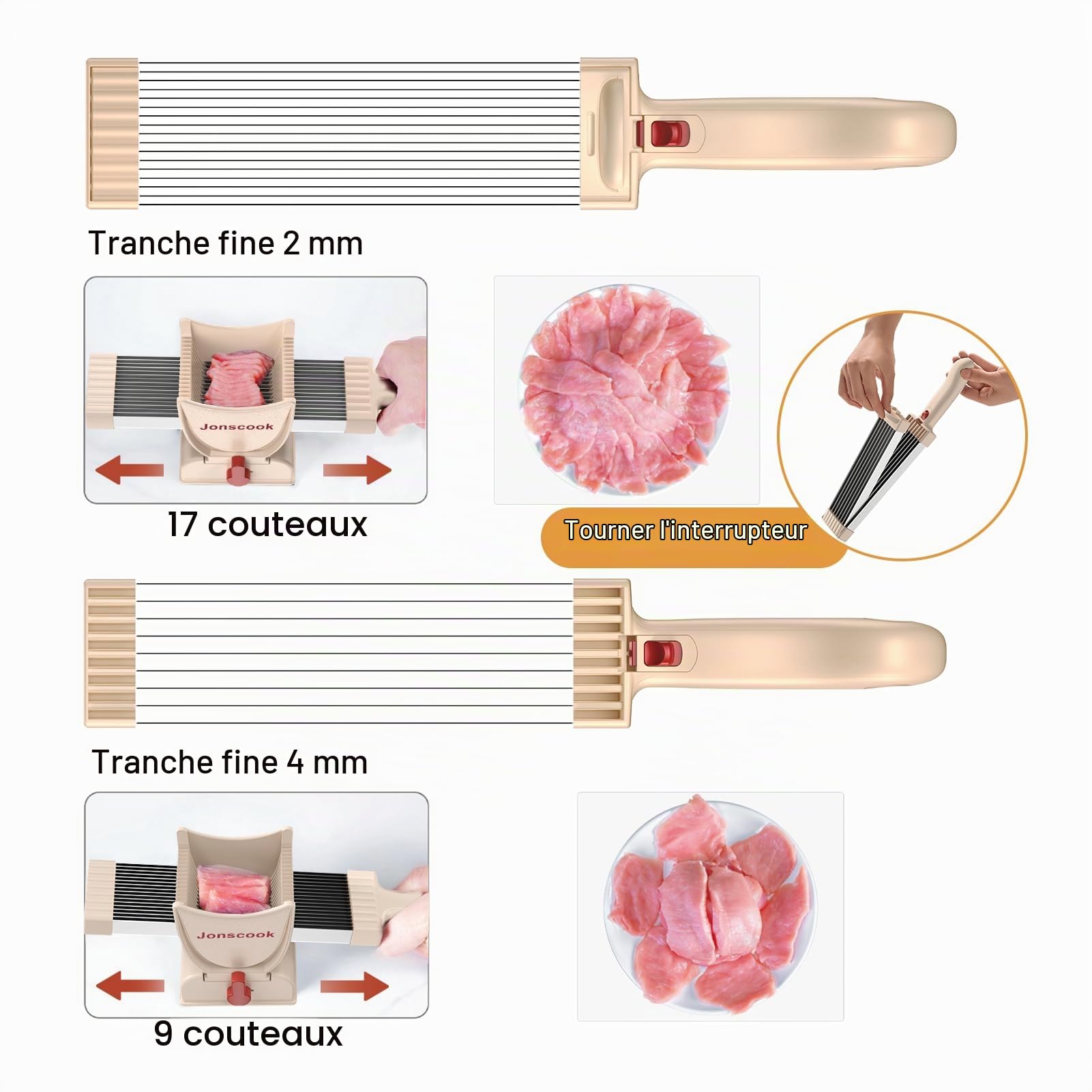 Trancheuse à viande fraîche, trancheuse manuelle, épaisseur de coupe réglable de 2 mm ou 4 mm, 17 lames pour 18 tranches de viande (tranchées, effilées, coupées en dés) - rose
