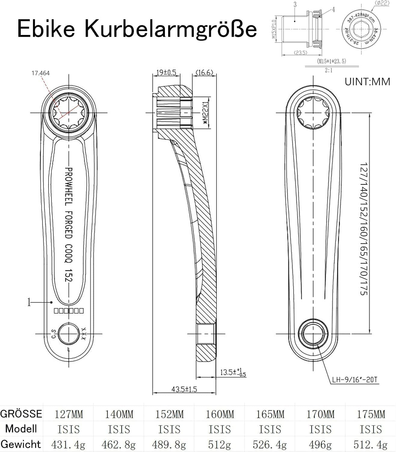 Prowheel Ebike ISIS Crank Arm,127MM/140MM/152MM/160MM/165MM/170MM/175MM Electric Bicycle Crank Arm for ISIS Mid Drive Motor,Bosch GEN4,PW-X3/PW-X2,BANGFANG M620,Brose Standard/MAG,GX0
