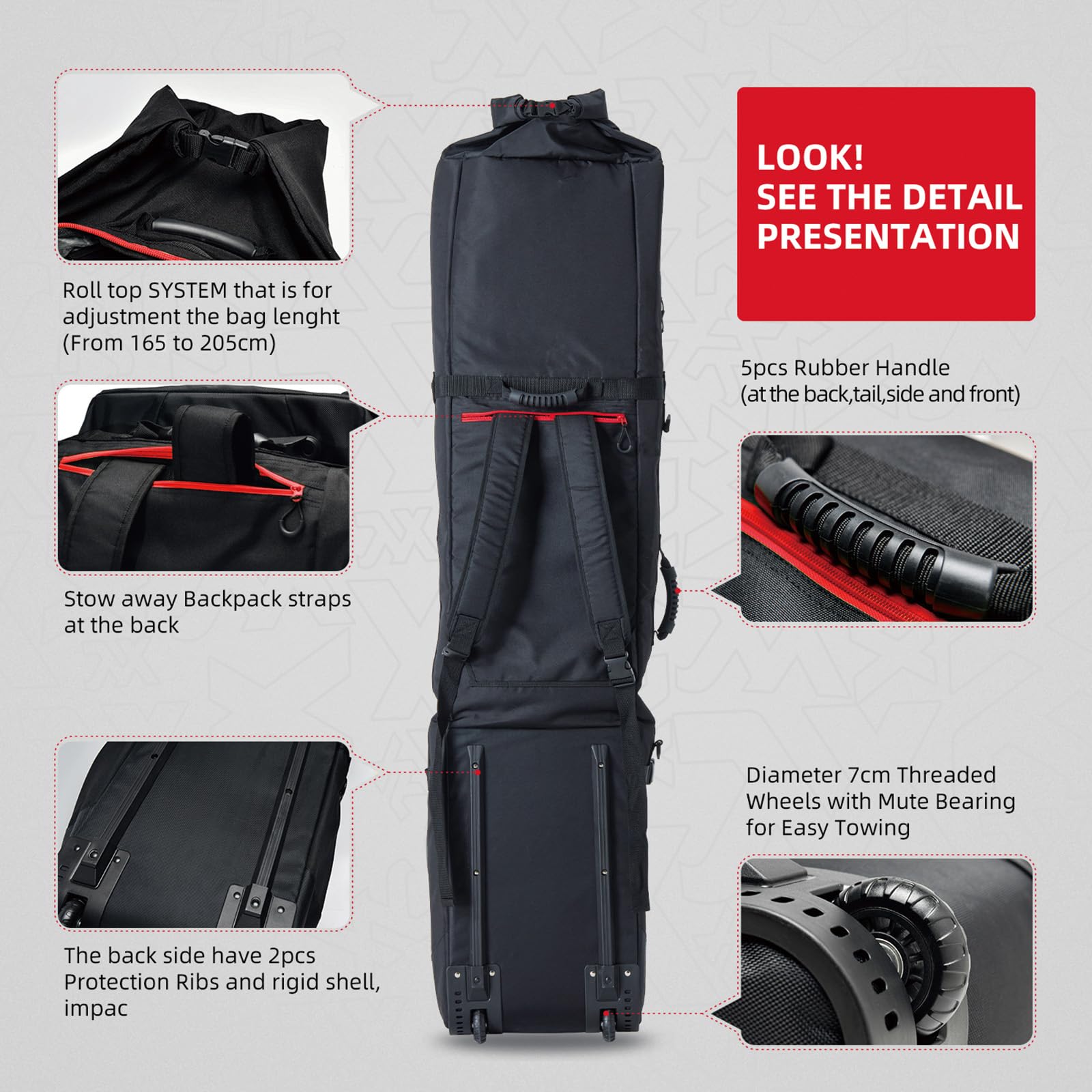 XCMAN - Bolsa de Snowboard con Ruedas, Longitud Ajustable para Viajes en avión, Extra Larga/Ancha/Profunda, Impermeable, con Varillas de protección ABS y Lomo de protección PP - Versión 2020