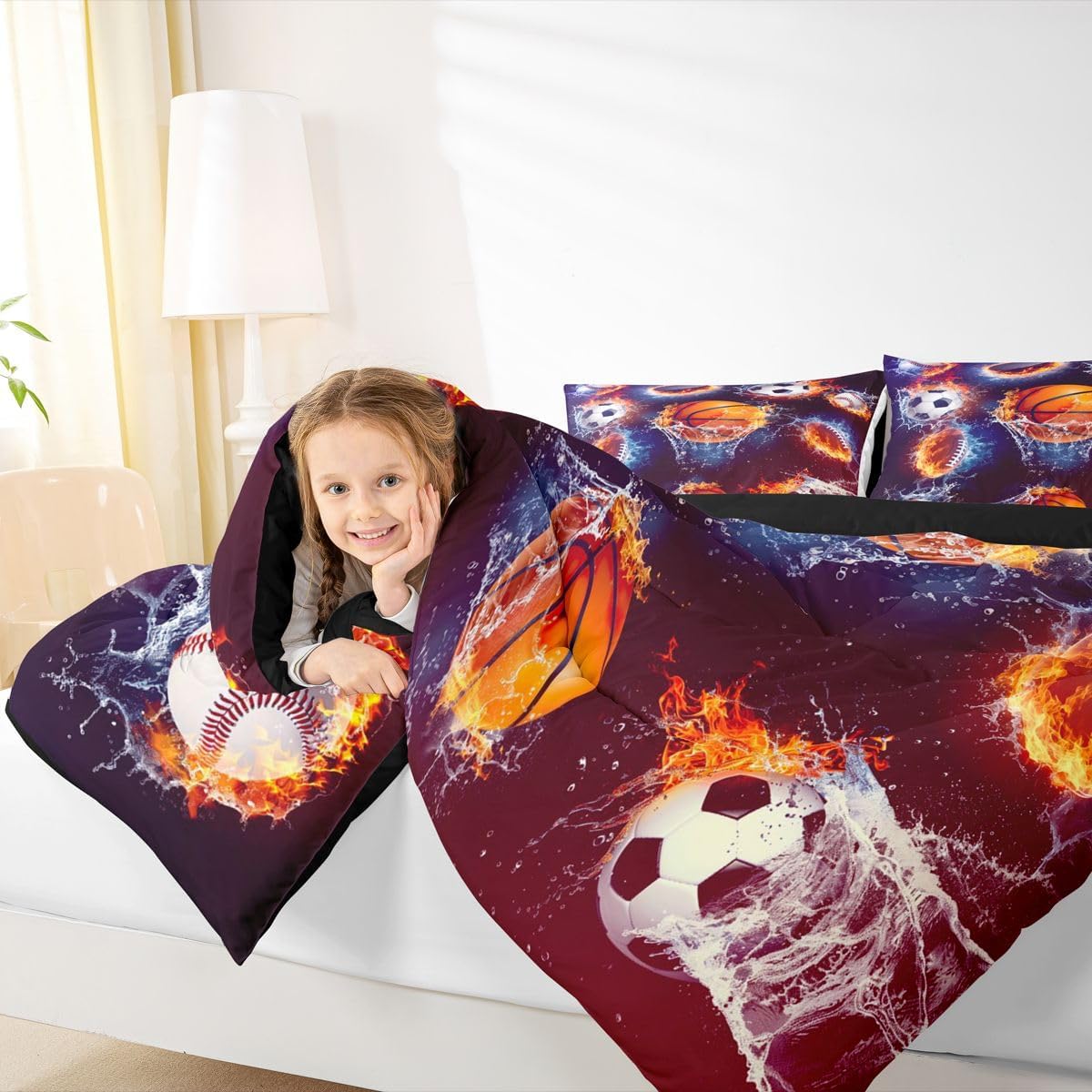 Feelyou Basketball Bedding Set Football Baseball Rugby Comforter Set for Kids Boys Girls Sports Comforter Various Ball White and Flame Decor Quilt Set with 1 Pillowcase 2Pcs Bedding Twin