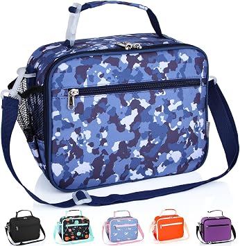Insulated Lunch Bag, Kids Thermal Cool Bag with Adjustable Strap, Waterproof Lunch Box Bag for Adults Kids Boys Girls Work School Picnic Camblue-Horizontal
