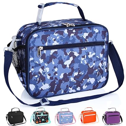 Homtibrm Insulated Lunch Bag, Kids Thermal Cool Bag with Adjustable Strap, Waterproof Lunch Box Bag for Adults Kids Boys Girls Work School Picnic for ageover 3 years old, Camblue-horizontal