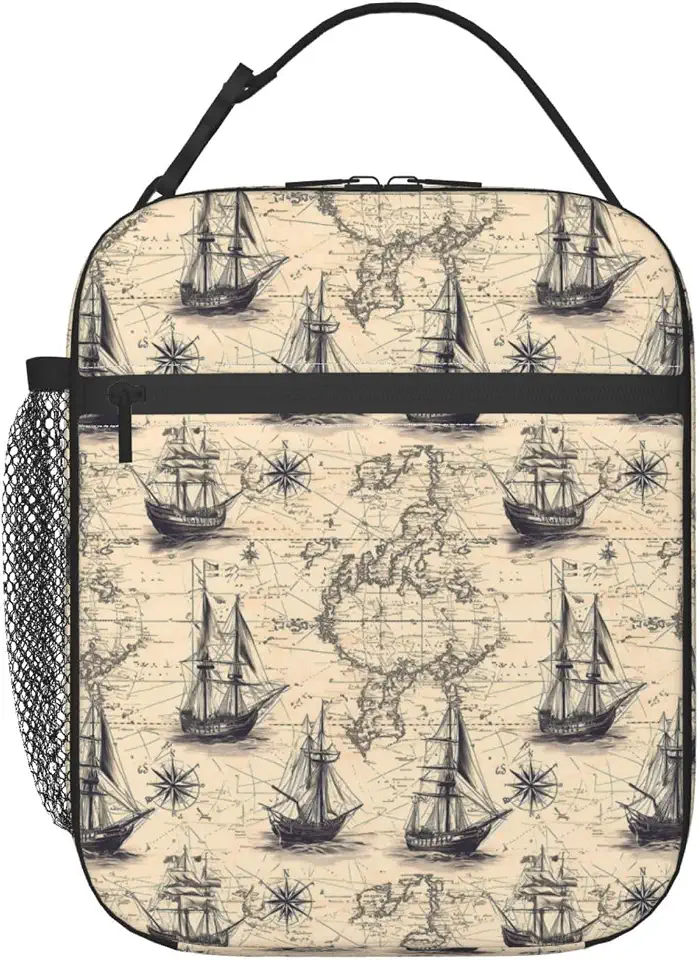 Lancheira vintage com mapa náutico para crianças, bolsa isolada de mapas do mundo para estudantes, bolsas térmicas reutilizáveis com isolamento térmico para escola, trabalho, piquenique