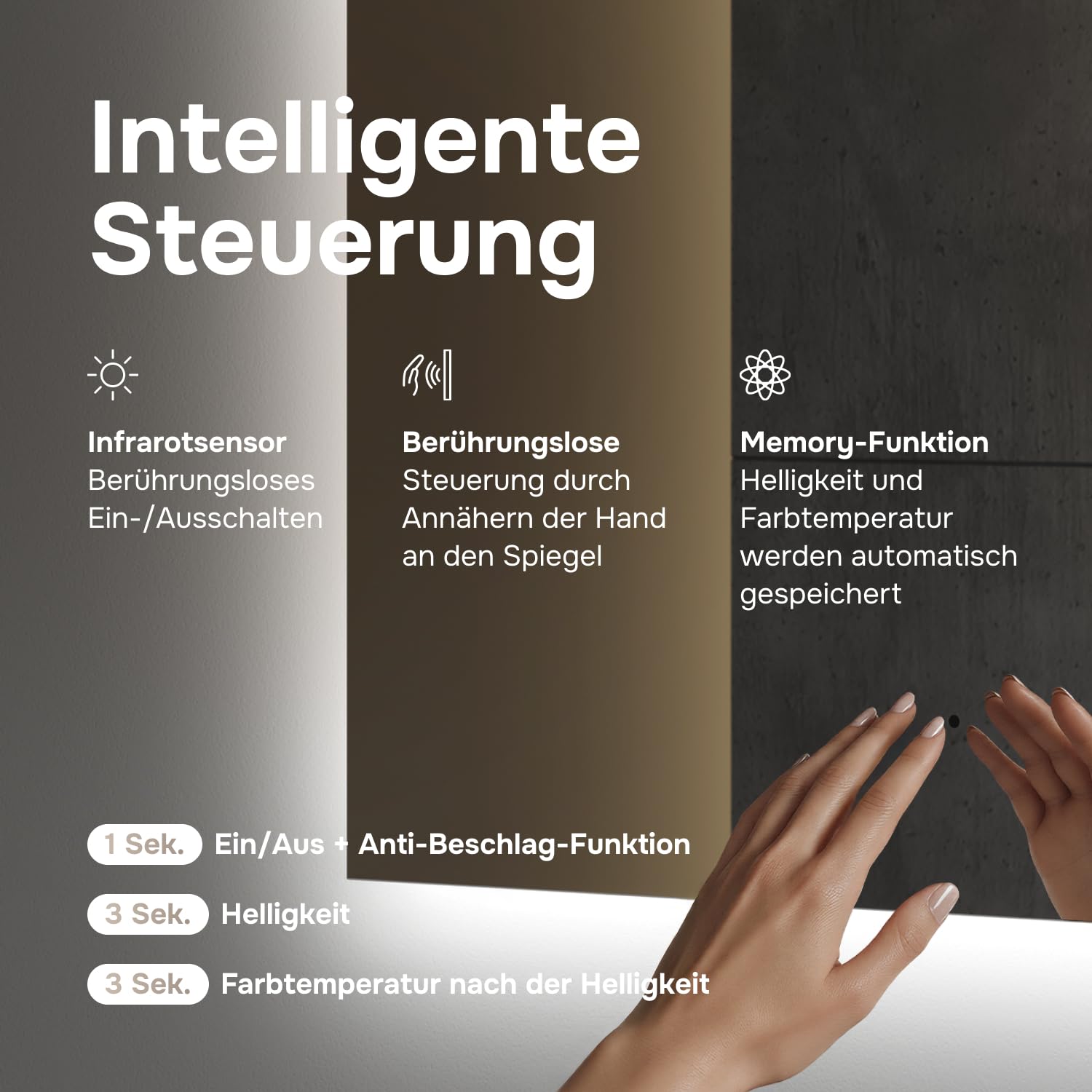 AM.PM Hit – LED Spiegel 80 x 70 cm mit Beleuchtung | Badezimmerspiegel mit LED | Spiegel mit Licht dimmbar 3 Farbtemperaturen | Touchless Sensor & Anti Beschlag | Wandspiegel ohne Rahmen | Badspiegel