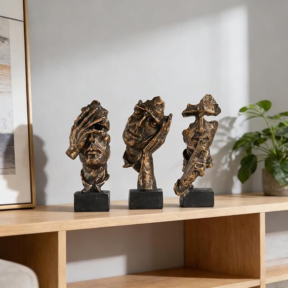 3 Pcs Thinker Statue,Silence is Gold Abstract Art Figurine,Modern Home Resin Sculptures Decorative Objects Decor for Home Office Bookshelf Desktop (Copper)