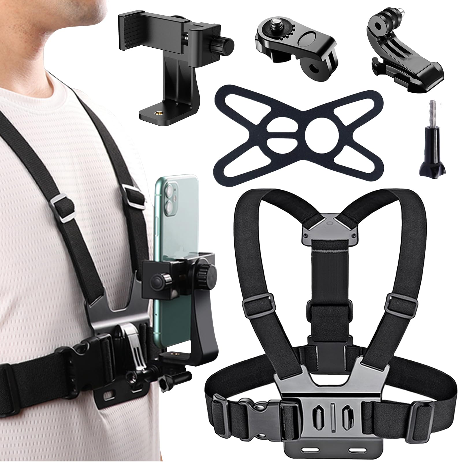 Multifuncional Soporte Movil Pecho, Pecho Pechera para Grabar con el Movil, Accesorios Camara Deportiva Adecuado para Ciclismo, Motocicleta, Esquí y Otros Vídeos Deportivos