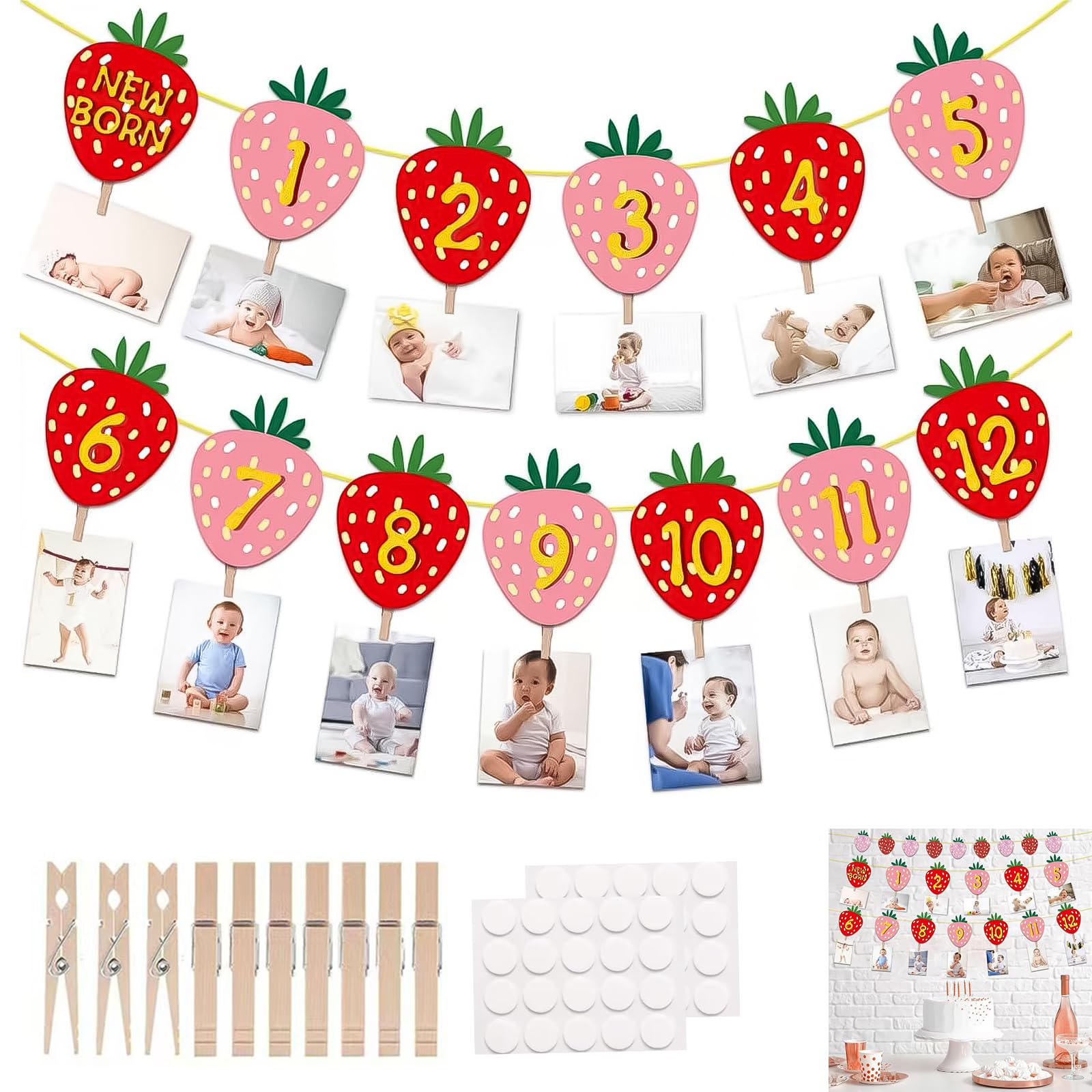 Strawberry First Birthday Decorations, Strawberry-Themed Photo Banner & Garland, 13-Piece Colorful Cards, 22 Wooden Photo Clips, Easy to Hang, Perfect for Baby's First Birthday, Milestone Celebra