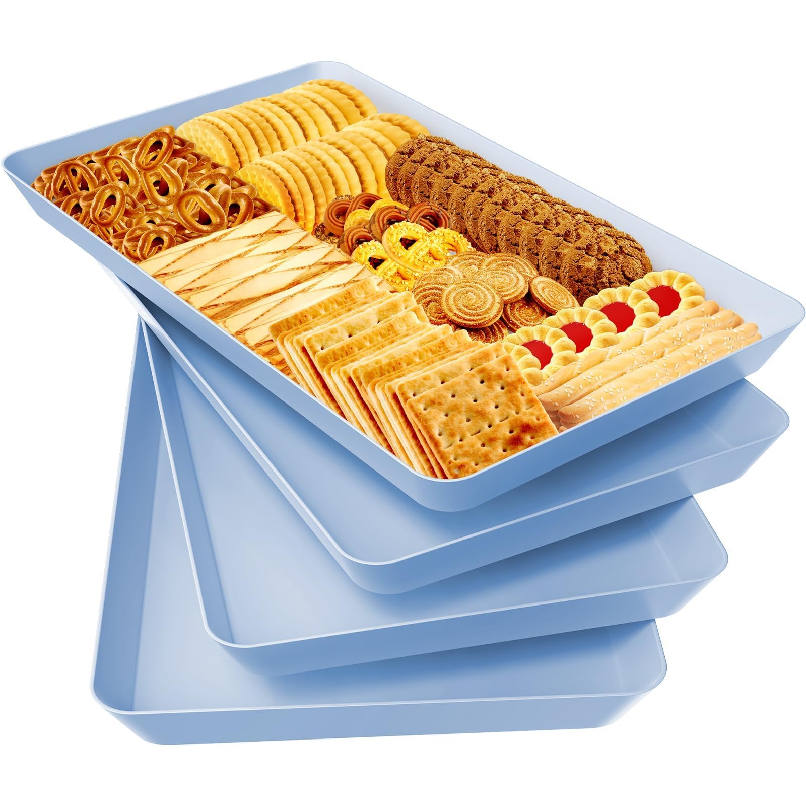 WOWBOX4 pcs Serving Tray for Entertaining, Serving Platters for Snacks, Fruit, Cookies, Dessert, Reusable Plastic Trays for Serving Food and Pantry Organization in Kitchen & for Parties, (Blue)