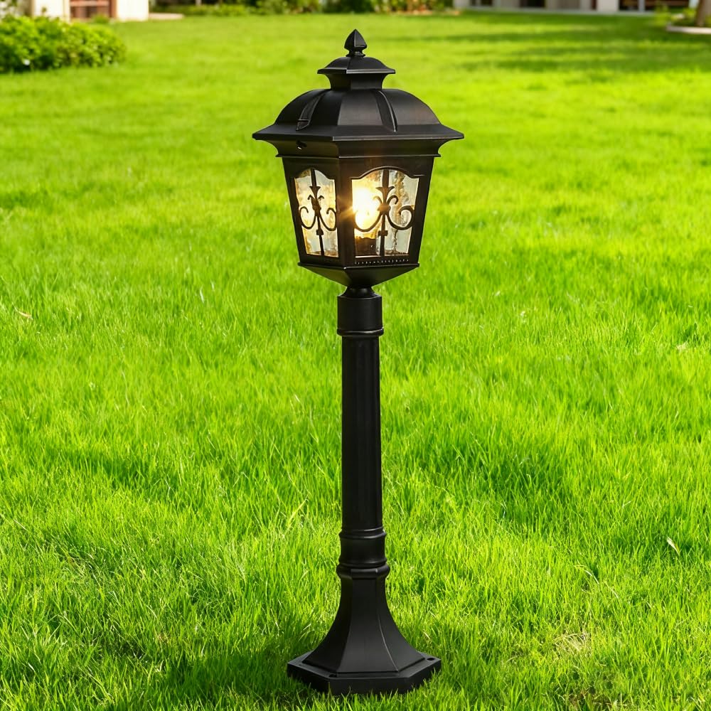 XINYASEE Lampione da esterno in alluminio nero, impermeabile, con paralume in vetro satinato; Palo luminoso a palo E27, ideale per cortili, vialetti, cortili e vialetti del giardino