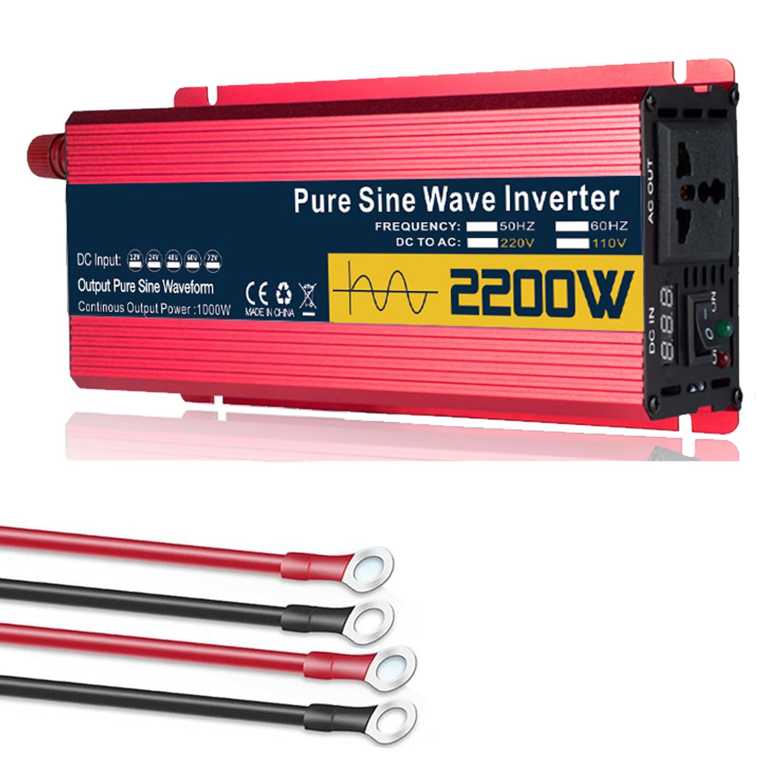2200W Pure Sine Car Inverter Power Voltage Converter DC 72V/60V/48V/24V/12V to 110V/230V AC, with Display, 2X AC Outlets Off-Grid Solar System for Home RV Truck(Size:48v to 220v)