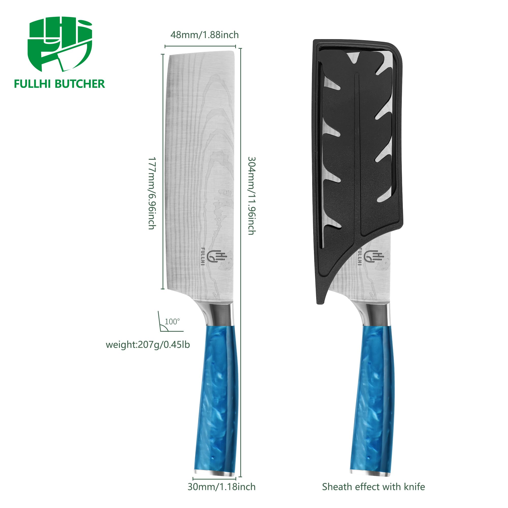 FULLHI Cuchillo Nakiri, Multi Color 7inch Cuchillo Japonés con funda, Acero Inoxidable Cuchillo Cocina Carne Verdura con Guarda (Resina azul)