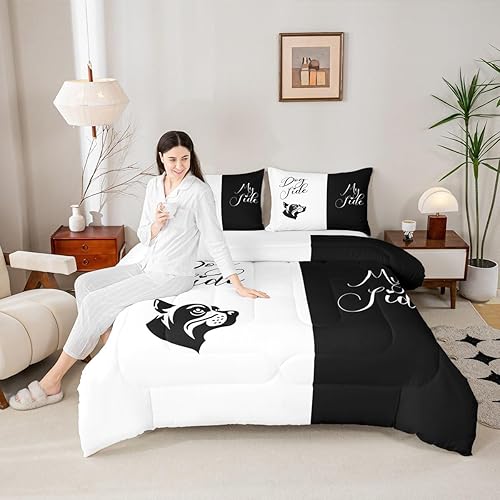 Miniatura 2 de Erosebridal Dog Side My Side - Juego de edredón tamaño queen, juego de edredón negro y blanco, juego de ropa de cama romántica de microfibra para el