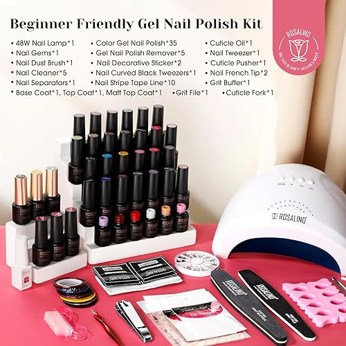 Miniatura 2 de ROSALIND Kit de 54 esmaltes de uñas de gel con lámpara de uñas de luz UV de 48 W, 35 piezas de kit de uñas de gel clásico, capa base, capa superior